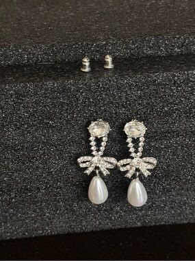 Silver Crystal Bow Drop Earrings with White Pearl Teardrops